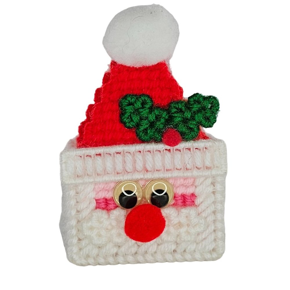 Vintage Plastic Canvas Santa Claus Miniature Basket Christmas Ornament Decor